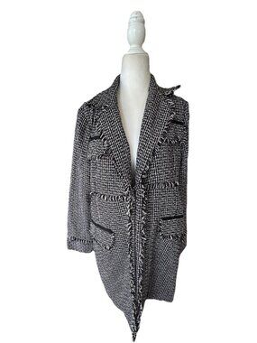 True Meaning Houndstooth Tweed Fringe Coat Lined Black & White Size 10
